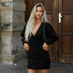 Women's Women Clothing Autumn Solid Color Deep V Plunge Neck Buttons Waist Trimming Casual Sheath Dress For Women