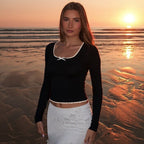 Autumn Square Collar Lace Edge Solid Color Long Sleeve Bottoming Shirt Top