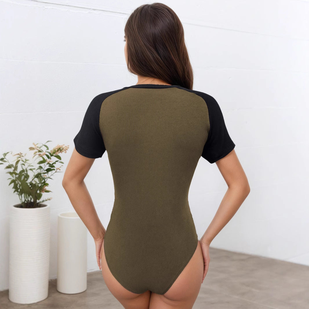 Women's Summer Contrast Color Short Sleeve Rompers Women Round Neck Slim Slimming Bodysuit