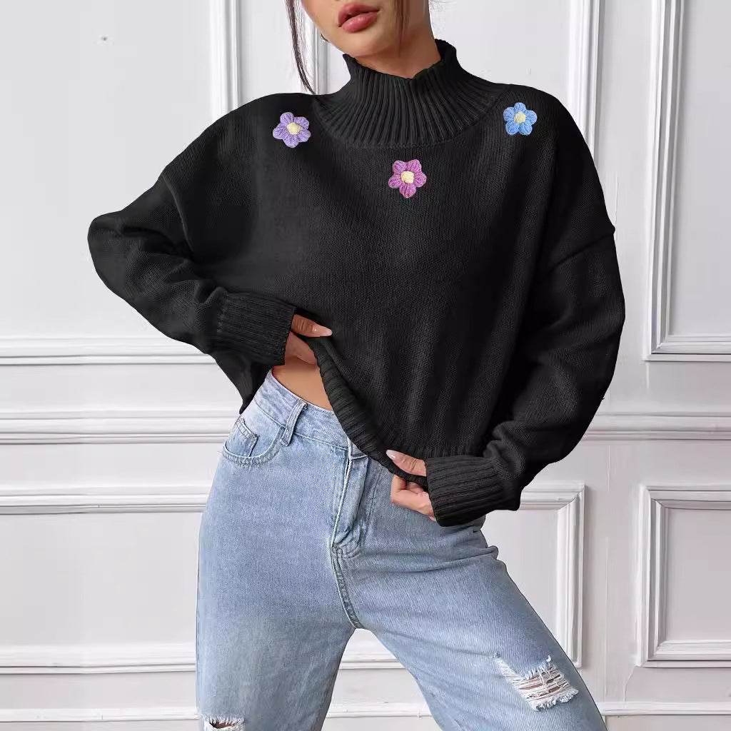 Women Short Top Clothing Hand Crocheted Floral Collage Turtleneck Pullover Loose Casual Bottoming