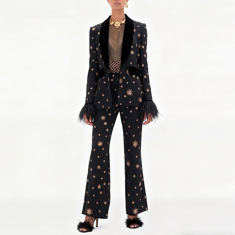 Women's Heavy Embroidery Velvet Stitching Feather Blazer Long Sleeved