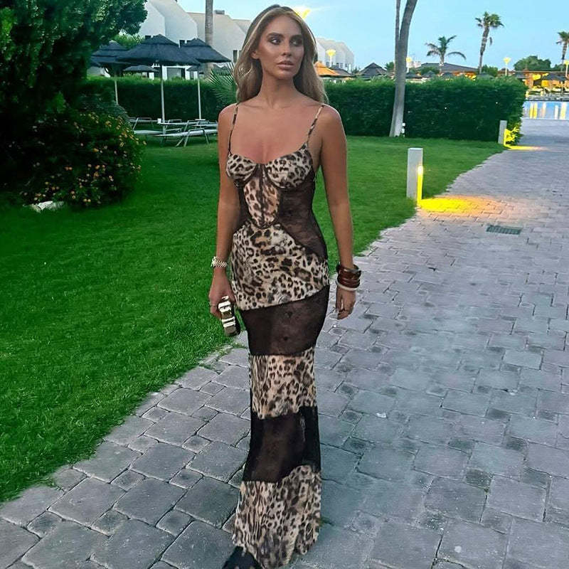 Women's Leopard Lace Sheer Cami Dress