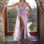 Sequin Lace V-Neck Asymmetric Split Bodycon Maxi Dress