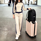 Autumn Winter Office Casual Patchwork Round Neck Sweater Wide Leg Set