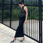 Sheer Cutout Lace Breathable Backless Sleeveless Black Slim Fit Dress Stretch Sexy Women Clothing