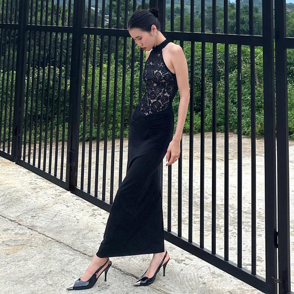 Sheer Cutout Lace Breathable Backless Sleeveless Black Slim Fit Dress Stretch Sexy Women Clothing