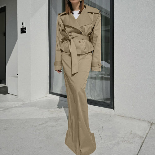Women Clothing Skirt Set Autumn Polo Collar Long Sleeve Trench Coat Office Two Piece Set