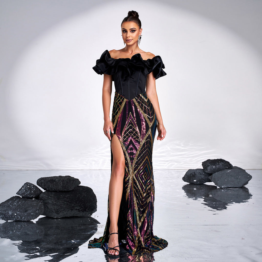 Women's Off-Shoulder Sequin Boned Split Maxi Evening Dress