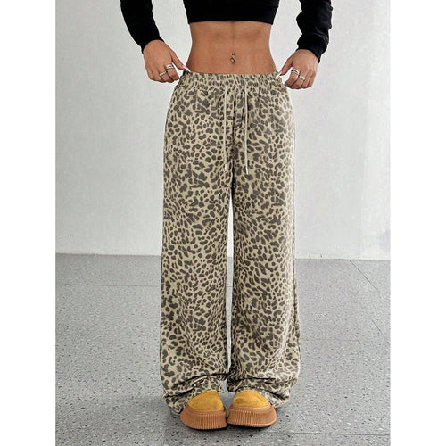 Leopard print straight-fit pants with elastic waist, light beige and dark spots