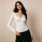 French V neck Long-Sleeved T shirt Women Lace Stitching Bow