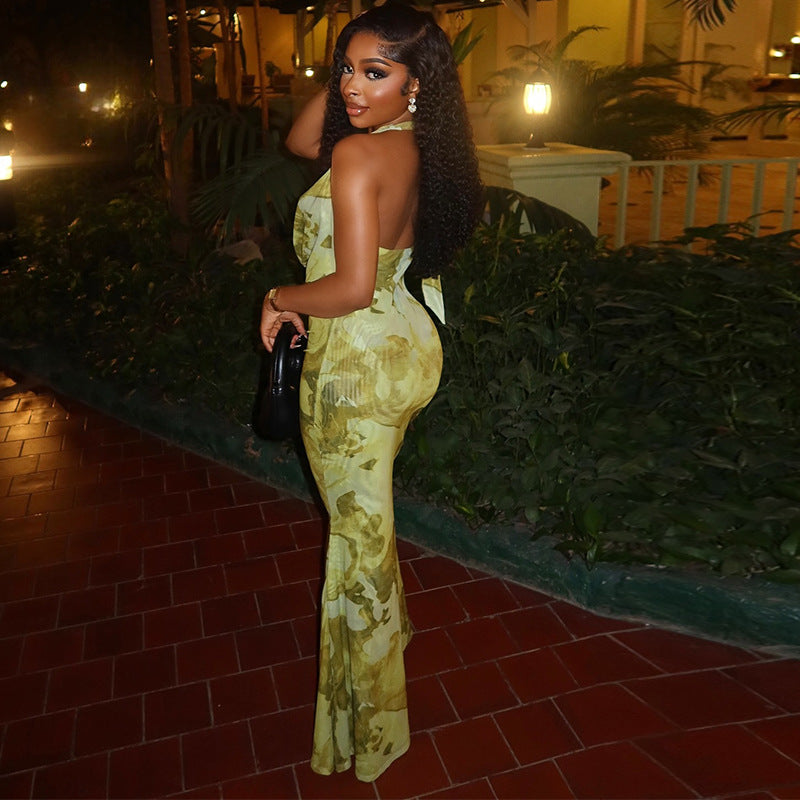 Women's Printed Backless Halter Fishtail Dress