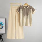 Summer Short Sleeved Knitted Top Women Western Striped Rhinestone Top Wide Leg Pants Two Piece Sets