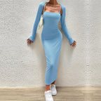 Women's Light Blue Elegant Suit Shawl Dress Two Piece Set