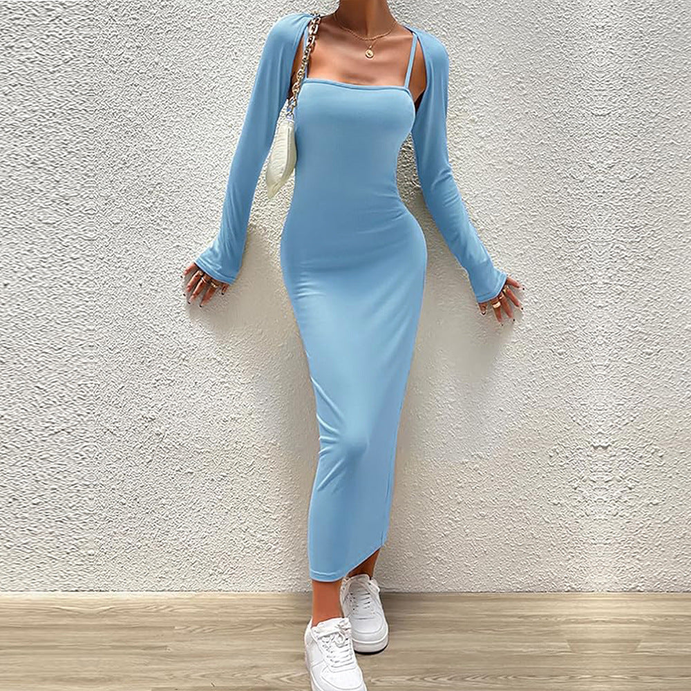 Women's Light Blue Elegant Suit Shawl Dress Two Piece Set