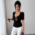 Metal-Buckle False Two-Piece Short-Sleeve Top