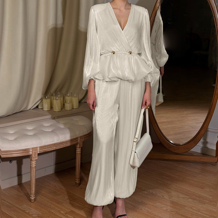 Women's V-Neck Top & Wide-Leg Pants Set