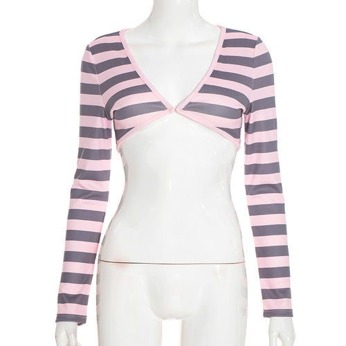 Pink striped long-sleeve V-neck button-front top on mannequin