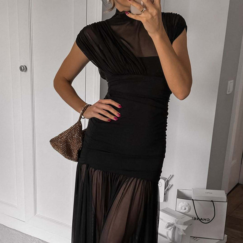 Tight Waist Close Fitting Stitching Gauzy Package Hip Maxi Dress For