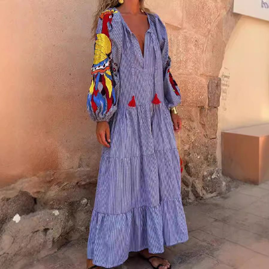 Long Sleeve Arrival V-Neck Lantern Sleeve Striped Printed Dress