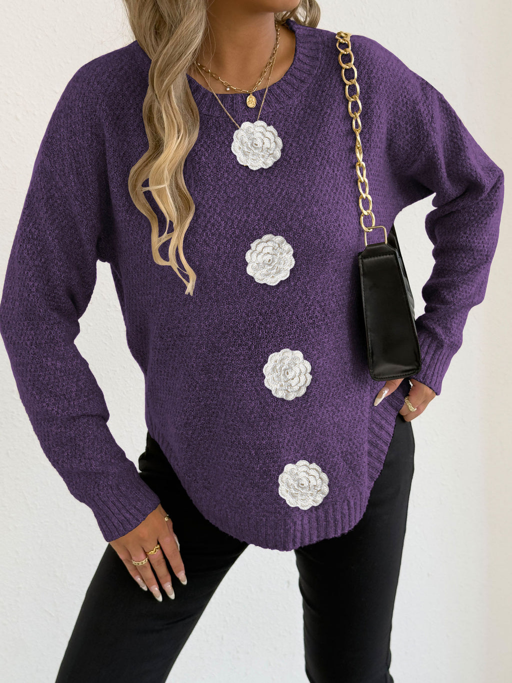 Purple 4 Hand Crocheting White Flowers