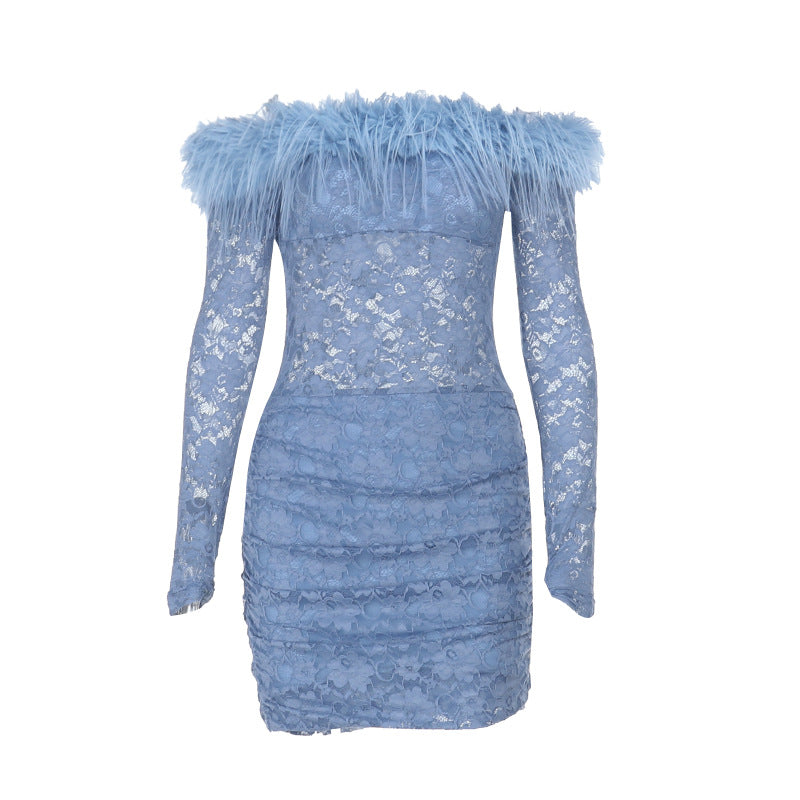 Back view of light blue lace mini dress with long sleeves and feathered off-shoulder trim