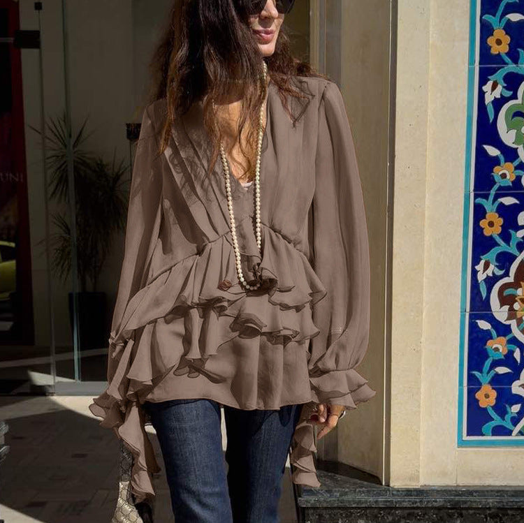 Chiffon V Neck Long Sleeve Shirt Pleated