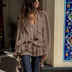 Chiffon V Neck Long Sleeve Shirt Pleated