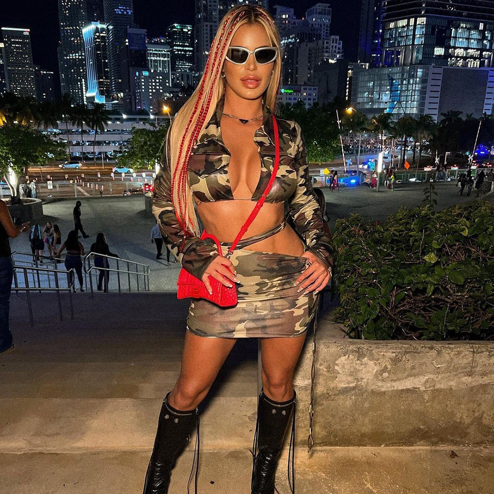 Women's 's Camouflage Spring Summer Shirt Collar Lace Up Long Sleeve Short