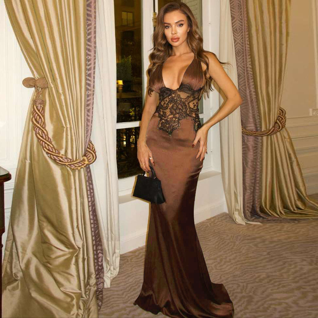 Women's V-Neck Lace Backless Tie Sleeveless Bodycon Maxi Dress
