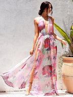 Women's Floral Halter Backless Split Dress