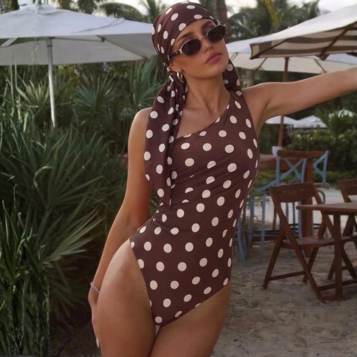 Women's Brown Polka Dot One-Piece Swimsuit