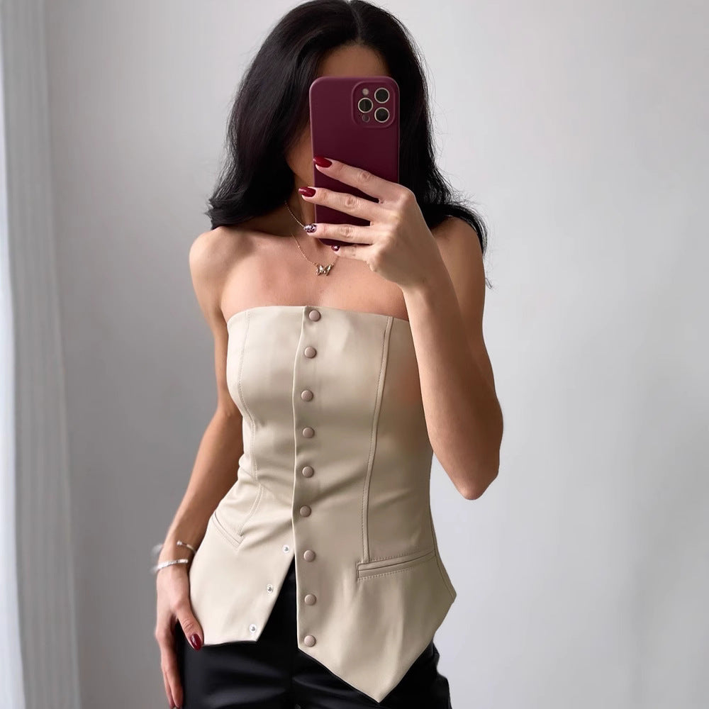 's Faux Leather Tube Top Backless Off Neck Tight Small Tube Top Vest