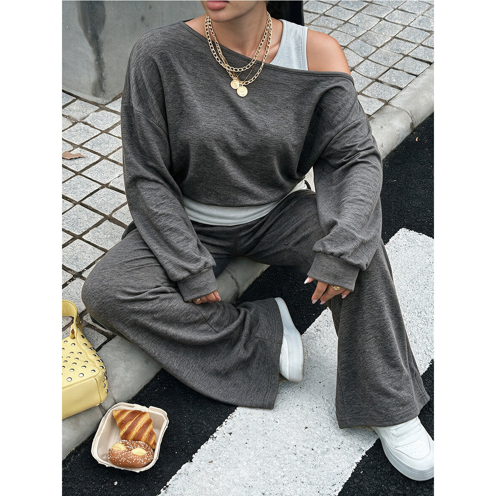 Women's Plus Size Women Clothes Off The Shoulder Trousers Off Shoulder Long Sleeve Drooping Wide Leg Pants Home Autumn Sets