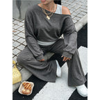 Women's Plus Size Women Clothes Off The Shoulder Trousers Off Shoulder Long Sleeve Drooping Wide Leg Pants Home Autumn Sets