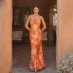 Printed Strapless Ruched Cutout Bodycon Maxi Dress