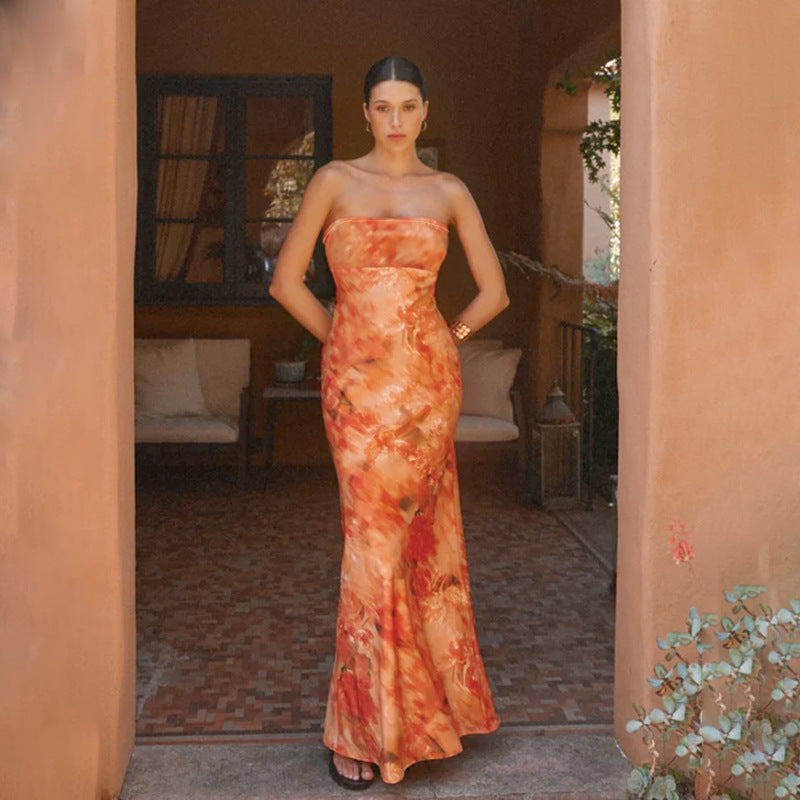 Printed Strapless Ruched Cutout Bodycon Maxi Dress