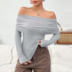 Women's off the Shoulder off Neck Slim Knit Long Sleeve Tops