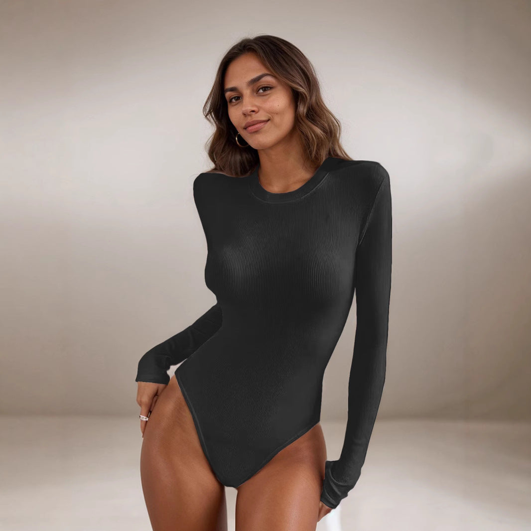 Spring Women Clothing Rayon Rib Solid Color round Neck Long Sleeve Slim Fit Base Bodysuit Women