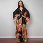 Black beach dress one-piece swimwear with orange floral print and wide kaftan sleeves