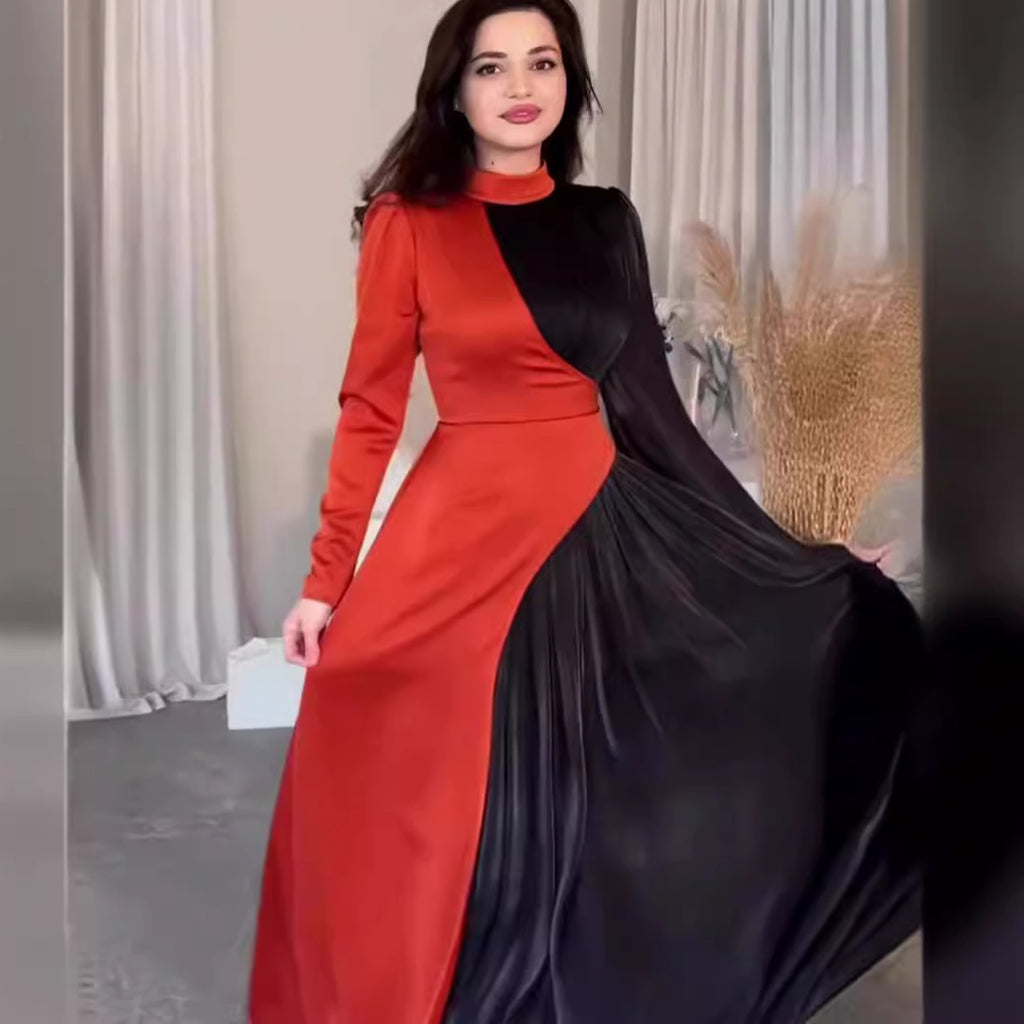 Spring Round-Neck Colorblock Long-Sleeve Belted Dress