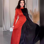 Spring Round-Neck Colorblock Long-Sleeve Belted Dress