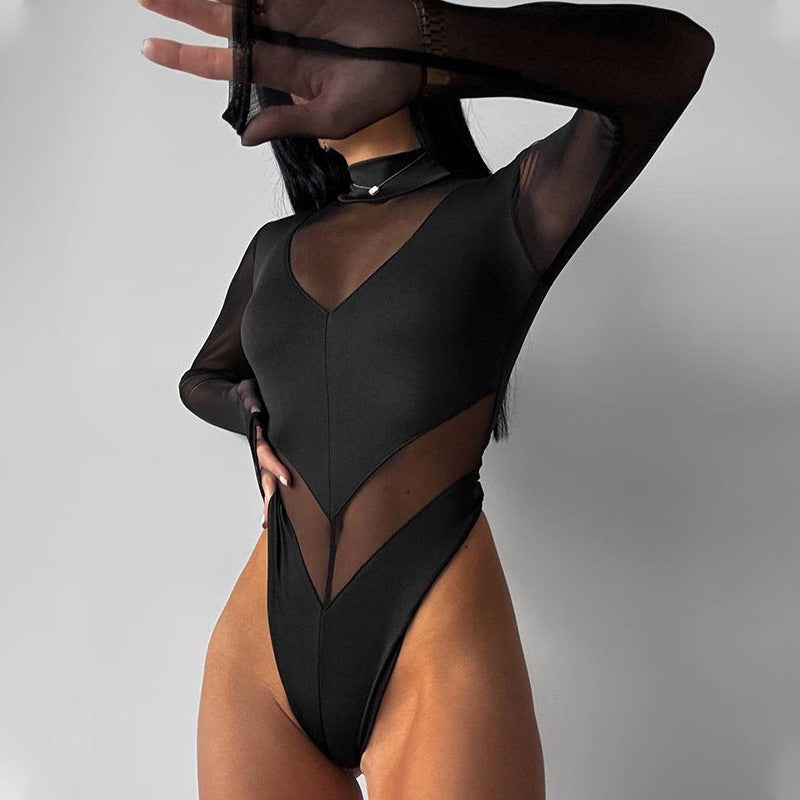 Women's High Waist Long Sleeve Mesh Jumpsuit