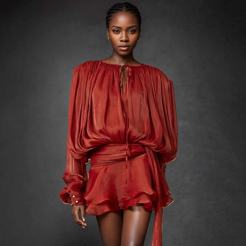 Women’s Pleated Puff-Sleeve Mini Dress