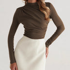Women's Clothing Office Sexy Pleated Small Turtleneck T Shirt Sense Tight Long Sleeve Shoulder Solid Color Top