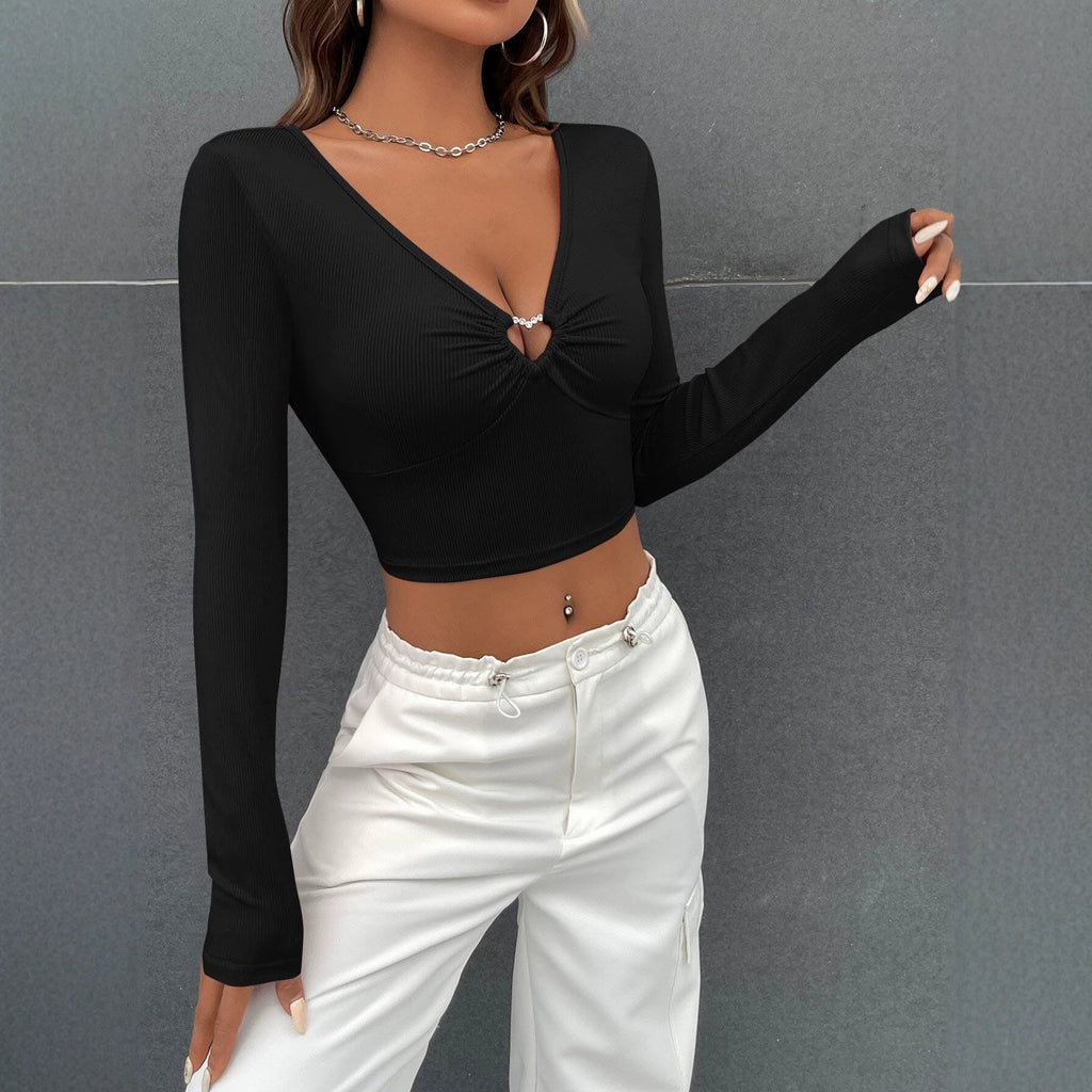 Women Clothing Black V neck Hollow Out CO out Long Sleeved