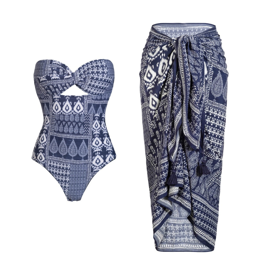 Women's Navy Ethnic Print One-Piece Swimsuit Set