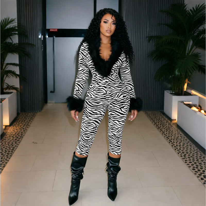 Women's Zebra Print Faux-Fur Long-Sleeve Bodysuit