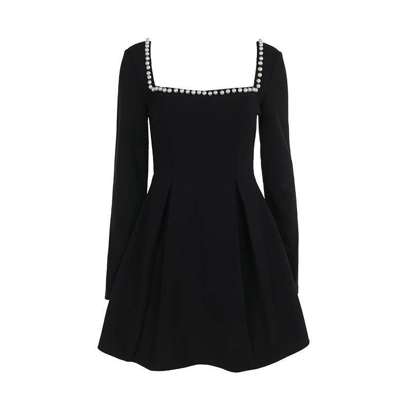 Hip Elegant Slim Pearl Square-Neck Dress