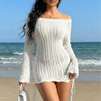 Women French Entry Lux off Shoulder Knitted Seaside Vacation Solid Color Hollow Out Cutout out Long Sleeve Hip Dress Drawstring Slim Blouse