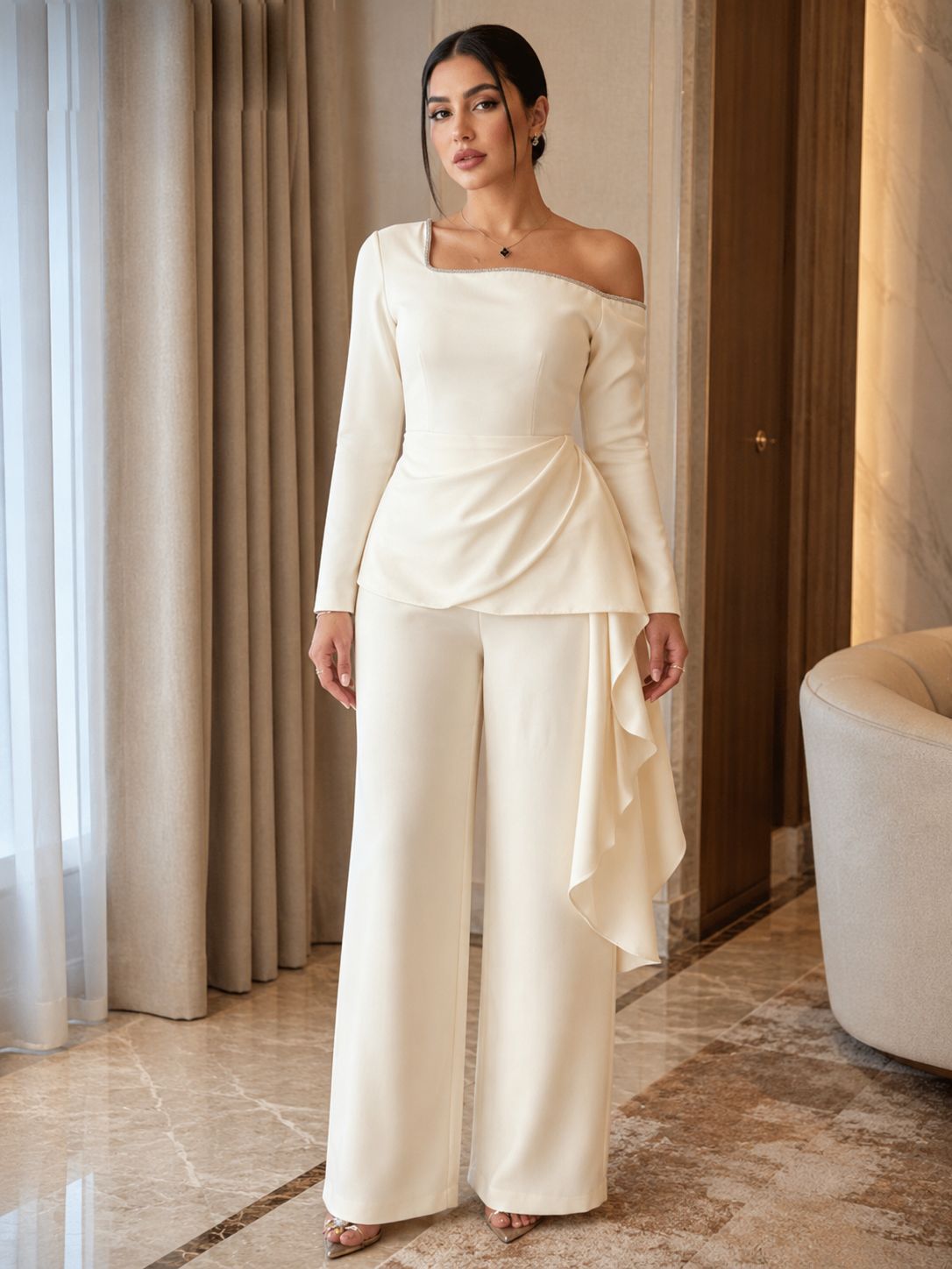 Women's Slant-Shoulder Wide-Leg Jumpsuit